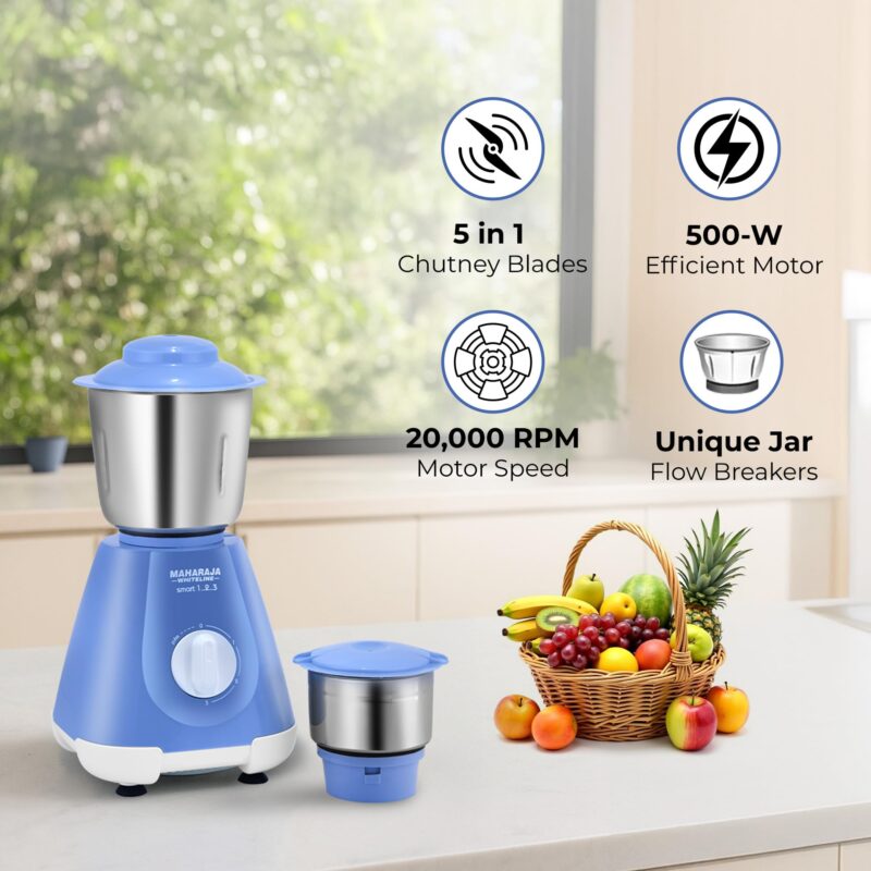 Maharaja Whiteline Smart 123 Mixer Grinder | 500-watt | 20000 RPM Motor Speed | Air Ventilation System | Stainless-Steel Jars & Blades | Unique Jar Flow Breakers| 2 Year Motor Warranty |Blue - Image 4