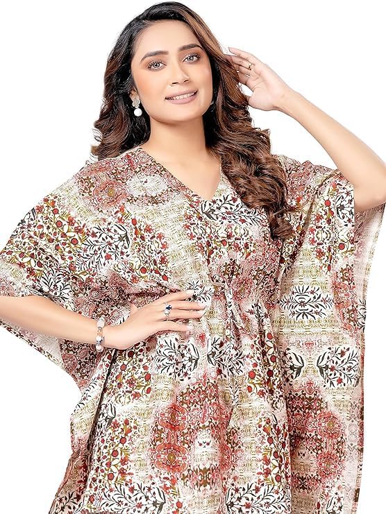 AALIT Women's Cotton Multicolor Printed Kaftan Co-ord Set Night Suit Set with Pocket – Free Size Relaxed Fit Loungewear | Soft & Breathable Nightwear for Home & Sleep (Free Size, Beige) - Image 6