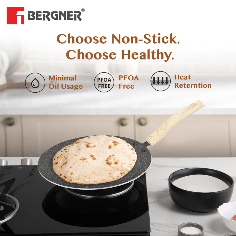 BERGNER Earth Black Non-Stick 26 cm Concave Roti Tawa, Wooden Finish Soft Touch Handle, 3mm Thickness, Even Heat Distribution, White Marble Splatter - Induction Bottom and Gas Ready - Image 3