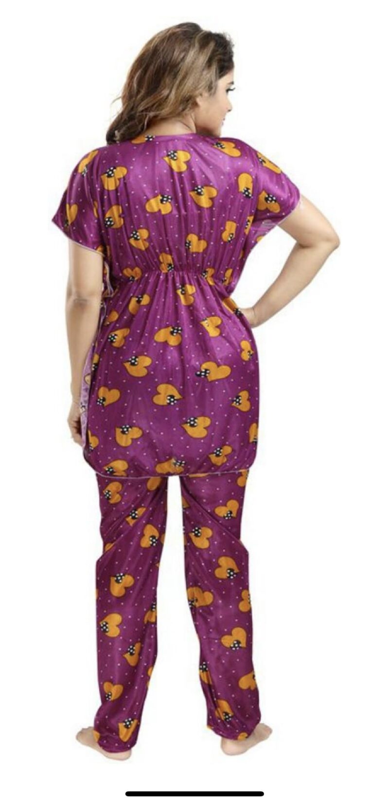 YAZIA Satin Kaftan Night Suit for Women - Kaftan Nighty - Printed Satin Night Suit Set for Women (Free Size, Wine) - Image 2
