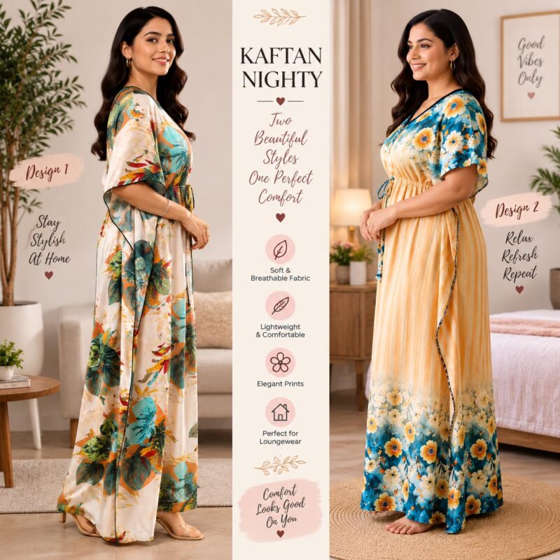 Women’s Floral Printed Kaftan Nighty Combo Set | Soft & Lightweight Night Dress | Loose Fit Long Kaftan Sleepwear for Women | Lounge & Home Wear | Pack of 2 Multicolour - Image 3