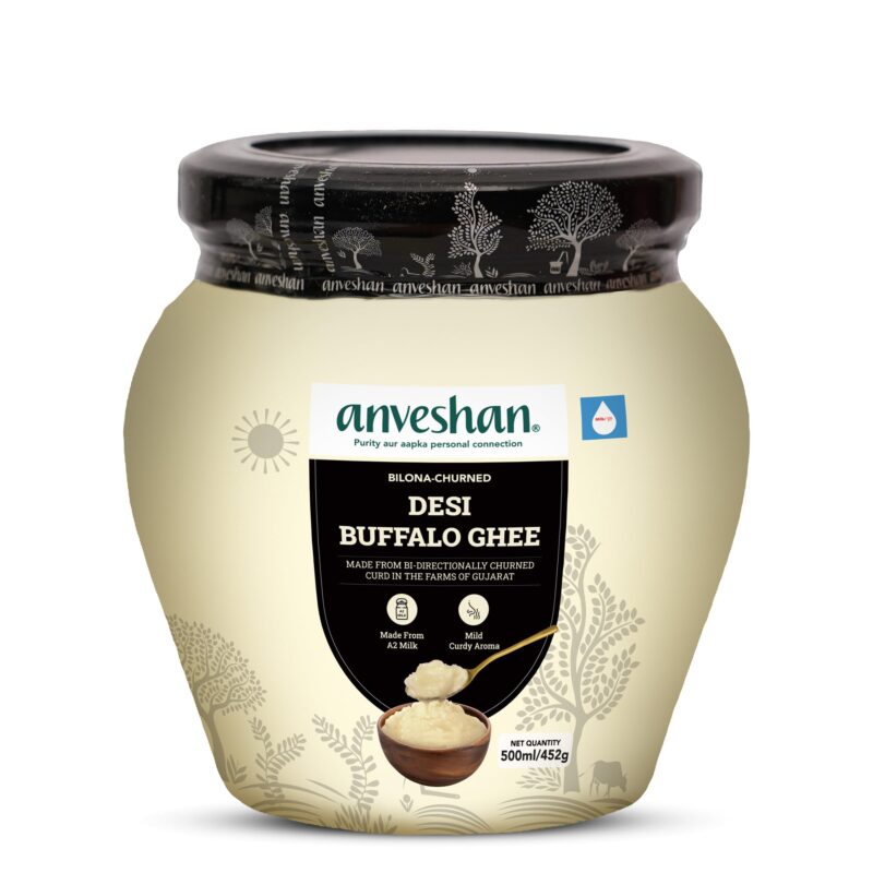 Anveshan A2 Desi Buffalo Ghee 500ML | Glass Jar | Bilona Ghee | Grass Fed Buffaloes | Jaffrabadi Buffalo | Gujarat Region | Pure & Natural | Nutritional Powerhouse | Lab-Tested (500ml)