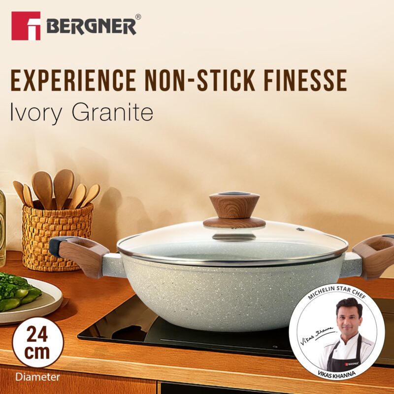 BERGNER Ivory Granite Non-Stick 24cm (2.5L) Kadai with Glass Lid, 3-Layer Marble Healthy Coating, Rivetless Soft Touch Handles, PFOA Free, Less Oil, Forged Aluminium - Induction and Gas Stove Ready - Image 2