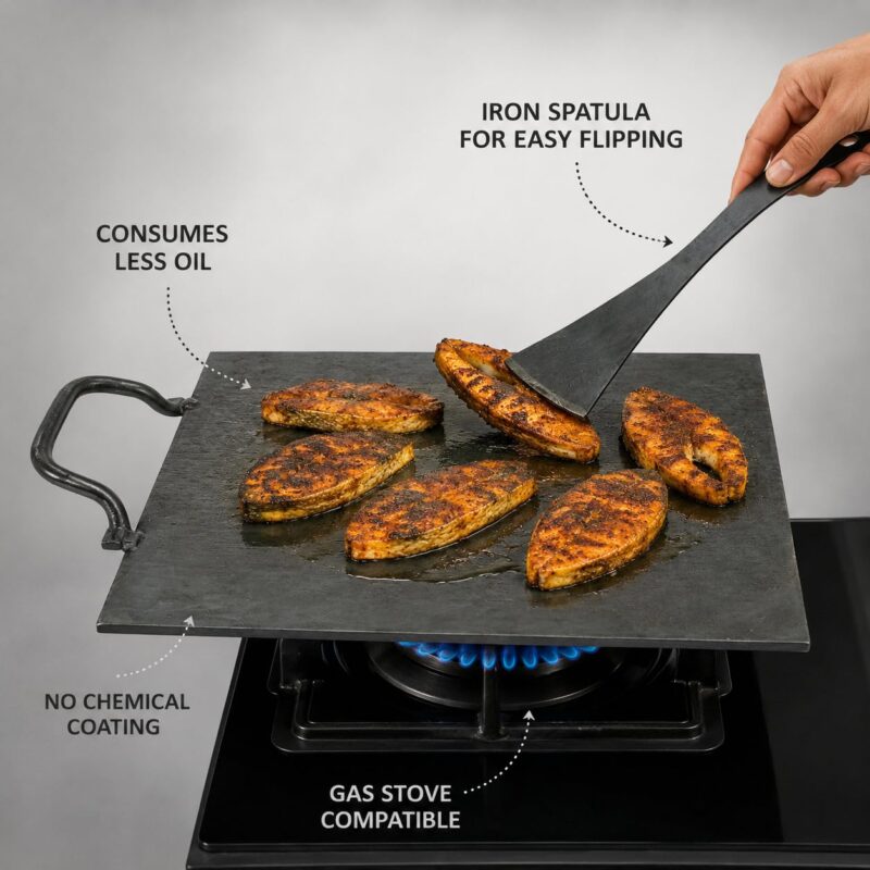 PRINA E-SHOP Iron Dosa Tawa with Free Spatula, Flat Square Kallu with Handle, Heavy Duty Tava for Crispy Dosas, Roti & Uttapam, Gas & Induction Compatible - 12 inch (Black) - Image 5