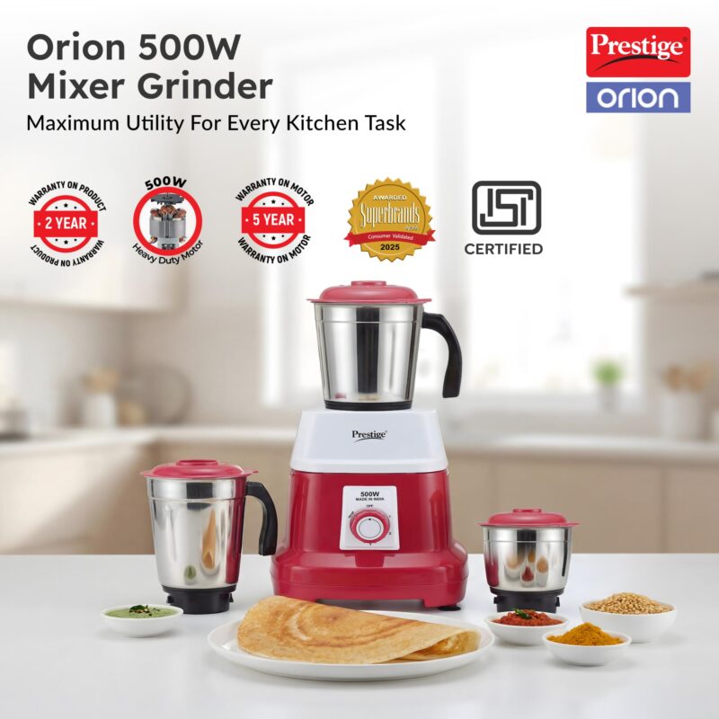 Prestige Orion 500 Watts Mixer Grinder with 3 Stainless Steel Jars |3 Super Efficient Stainless Blades |Sturdy Handles|Red & White - Image 2