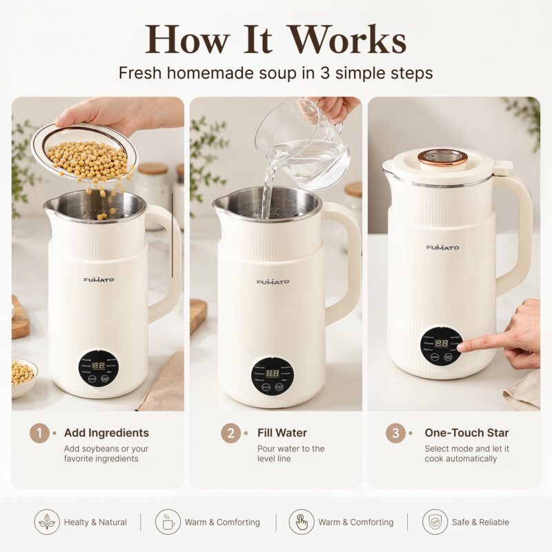 The Better Home Fumato 800ml Automatic Nut Milk Maker & Soup Maker | 6 Presets for Vegan Milk (Almond, Soy, Oat), Smoothies & Purees | 600W Fast Heating, 304 Stainless Steel Interior, 1 Year Warranty - Image 9