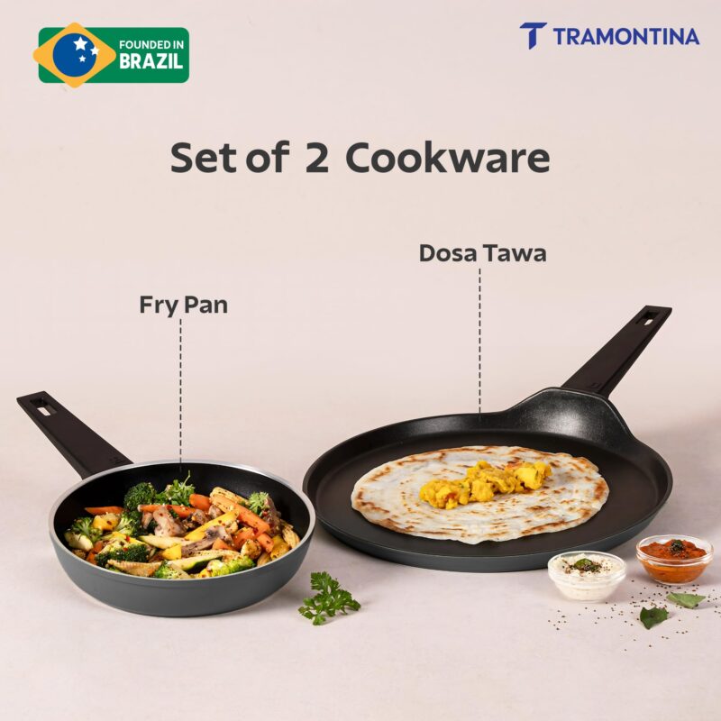 TRAMONTINA Chroma Cookware Set of 2 - Fry Pan 20 cm & Dosa Tawa 28 cm | Ceramic Reinforced Cookware | Cold Forged | Bakelite Handle | All Cooktop Compatible | Dishwasher Safe Grey - Image 3
