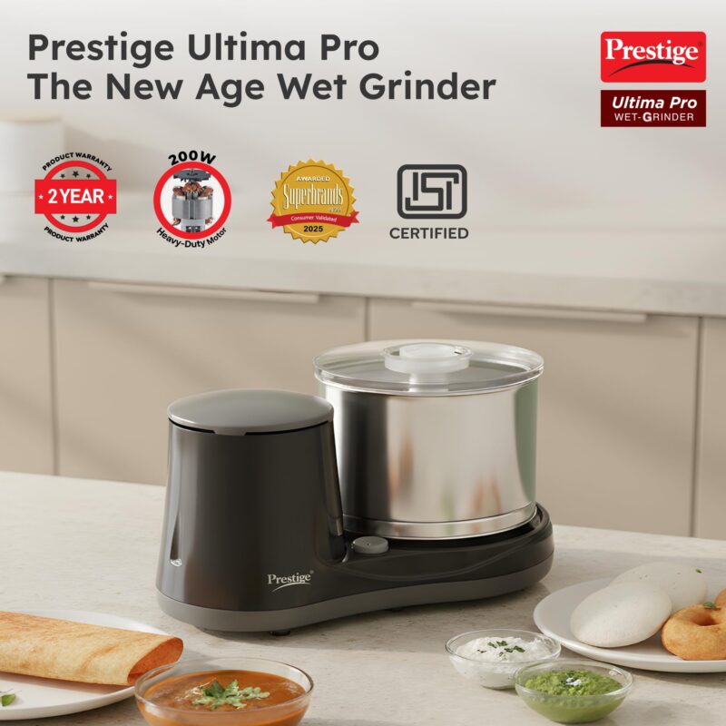 Prestige Ultima Pro 2 Litre Table Top Wet Grinder |200 Watts Heavy Duty Motor|Coconut Scraper Attachment|Atta Kneader Attachment|Stainless Steel Drum|2 Years Warranty|Grey & Black - Image 2