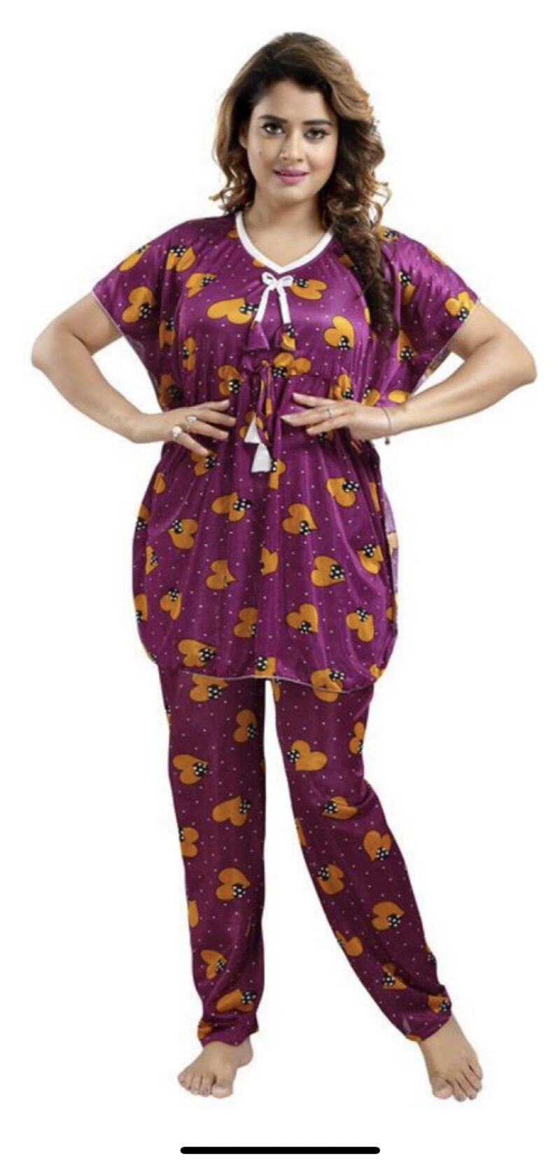 YAZIA Satin Kaftan Night Suit for Women - Kaftan Nighty - Printed Satin Night Suit Set for Women (Free Size, Wine)
