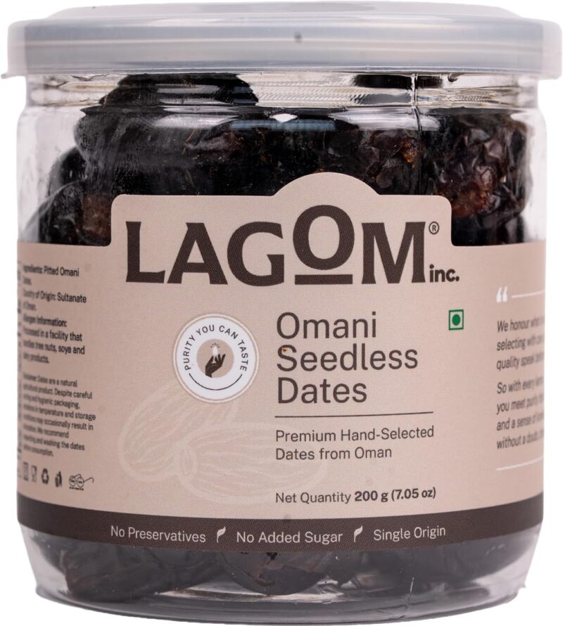 Lagom Omani Seedless Dates 200g | Premium Pitted Khajoor from Oman | Soft, Naturally Sweet & Convenient | No Added Sugar, No Preservatives | Vegan, Gluten Free, Non-GMO