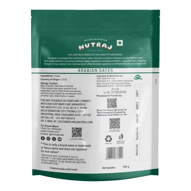 Nutraj UAE Arabian Dates 1.5kg (500g X 3) Pouch | Khajur | Dry Fruits and Nuts | Grocery Items - Image 3