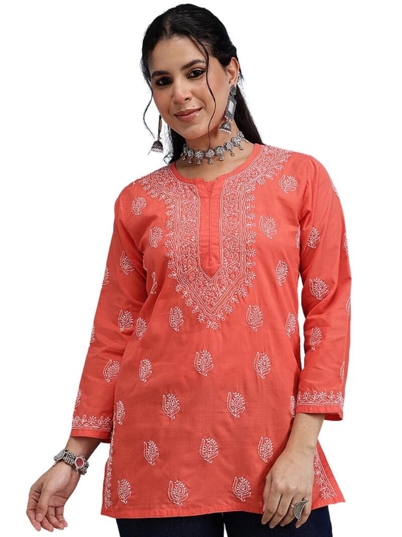 Ada Hand Embroidered Chikankari Red Cotton Top for Women A911387 (S)