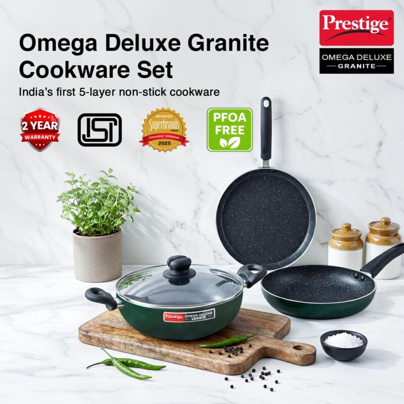 Prestige Omega Granite Non-Stick 3 Pc Cookware Set with Glass Lid | 5-Layer Coating | Gas & Induction Compatible | Omni Tawa 25cm | Fry Pan 24cm | Kadai 24cm | Moss Green | 2Y Warranty |ISI Certified - Image 2