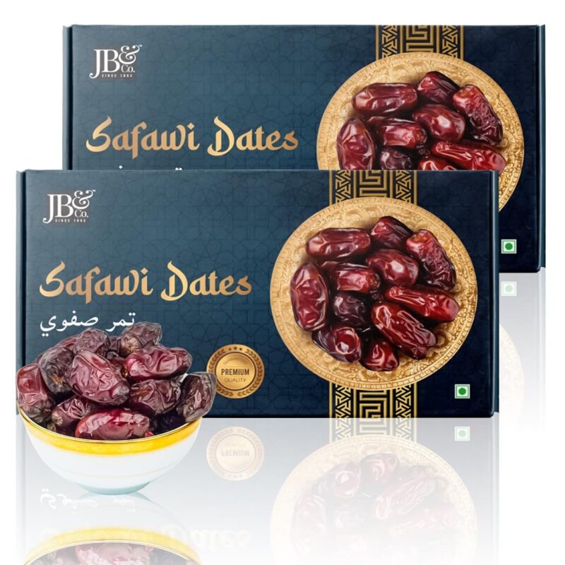 JB&CO Premium Safawi Dates (Kalmi Khajoor) 1000g | Saudi Arabian Soft & Chewy Dates | Natural Sweet, No Added Sugar | Healthy Dry Fruits Snack (500g x2)