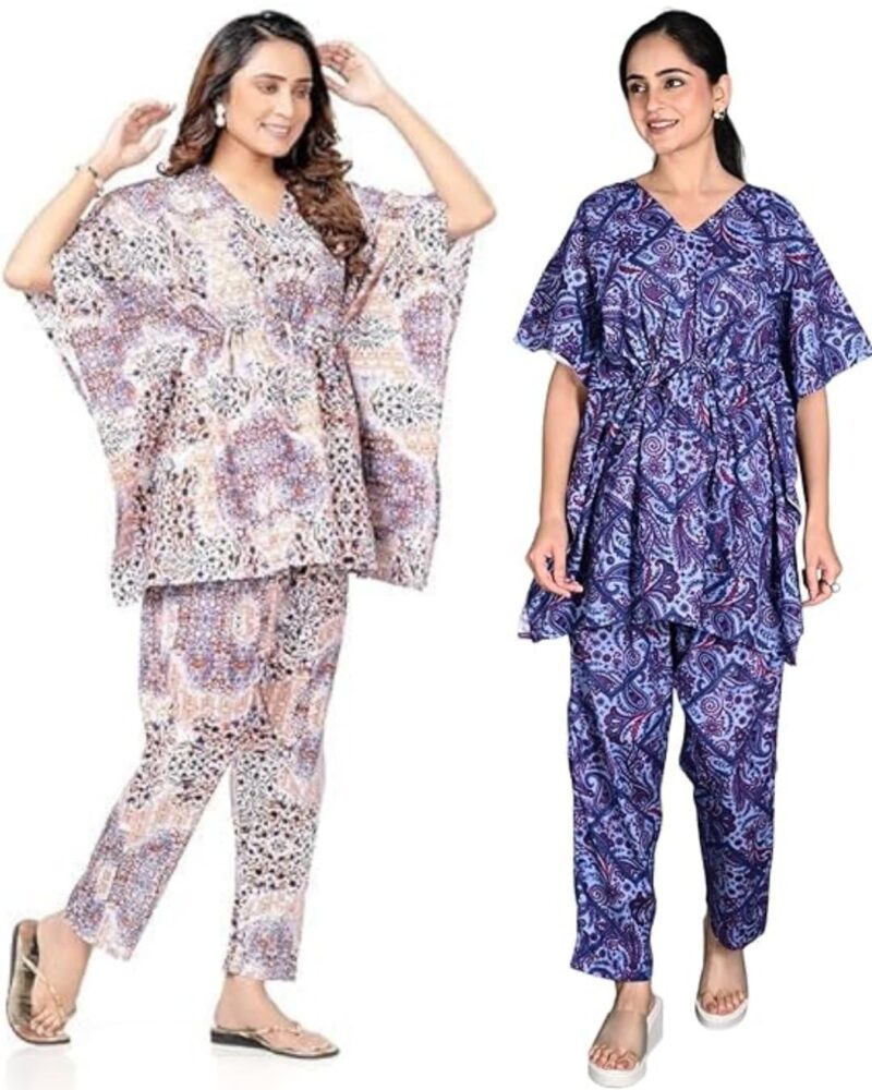 Vlazom Women's 100% Cotton Printed Kaftan & Pyjama Set – Combo Pack of 2 | Free Size Nightwear with Pocket | Soft Cotton Loungewear Co-ord for Women (Blue,Blue, Free Size)