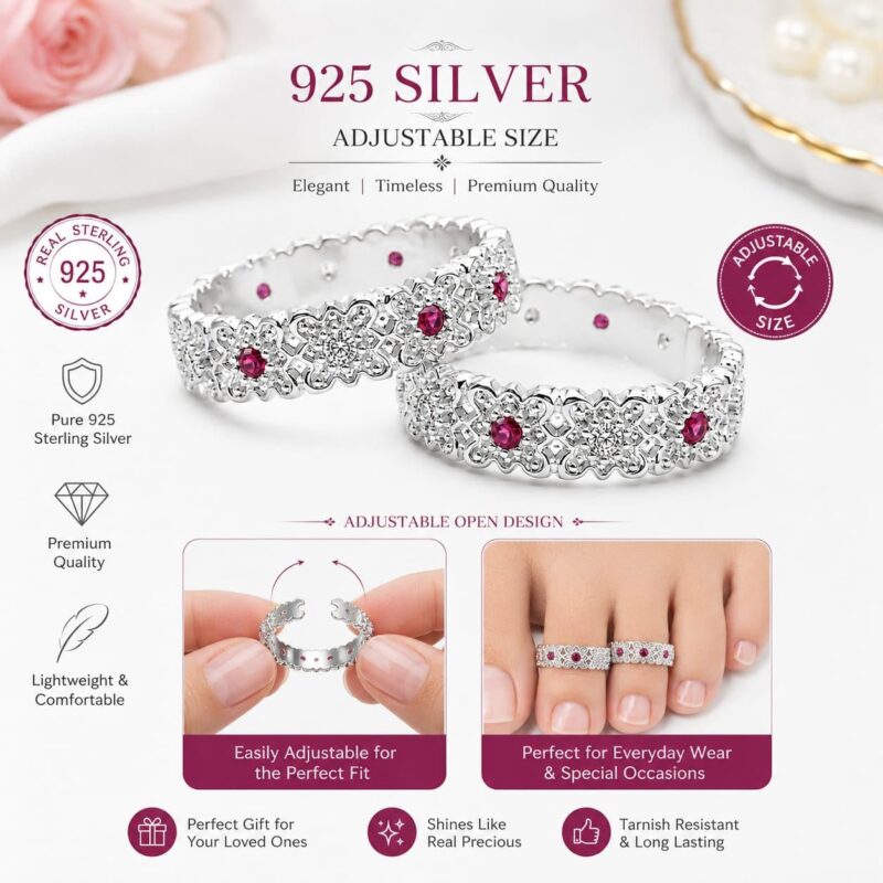 𝗢𝗥𝗜𝗦𝗜𝗟 925 Sterling Silver Toe Ring | Adjustable Bichiya Toe Ring for Women | Hypoallergenic Adjustable Band Ring - Image 2