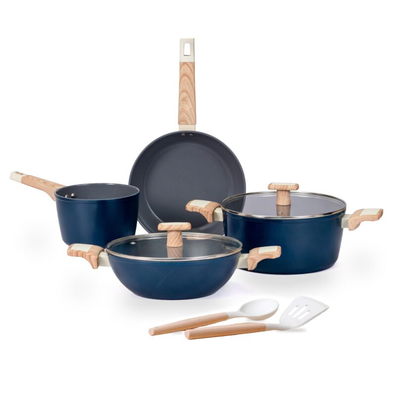 Kreme Ceracook Ceramic Coated Granite 8 Pc Cookware Gift Set Casserole, Frying Pan, Kadai, Sauce Pan, 2 Spatulas, ISI Certified, Gas & Induction, PFAS & PTFE Free 1 Yr Warranty, Ocean Deep Blue