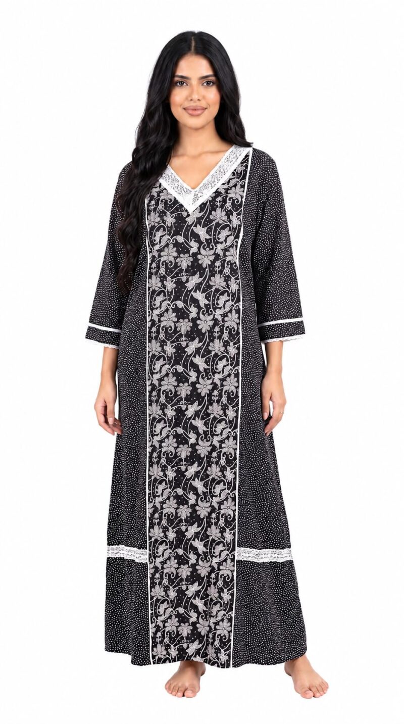 Evolove Farasha Kaftan Jalabiya Style Cotton Maxi Nighty for Women | V-Neck with Lace Trim | 3/4 Sleeves Full Length Nightdress, Black, L