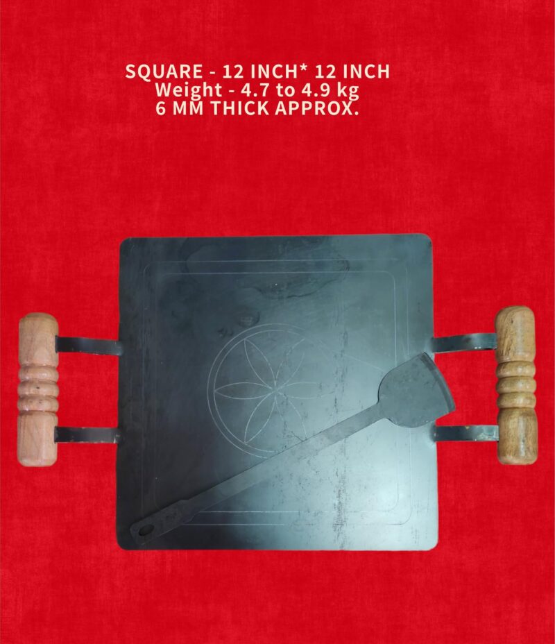 NAAYAGI - Pure Iron Tawa with Double Wooden Handle, 12 Inch, 6 mm Thick Approx for dosa, roti, Catering Needs (Square) - Image 3