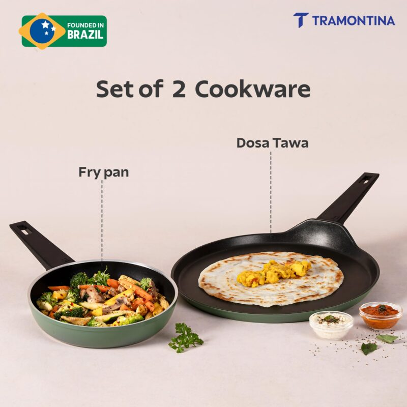 TRAMONTINA Aura Cookware Set of 2- Frypan 20cm, Dosa tawa 28cm | Reinforced Ceramic Non-Stick Cookware | Quick & Even Heating | Low-Oil Cooking | Bakelite Handle | Induction & Gas | Sea Green - Image 2
