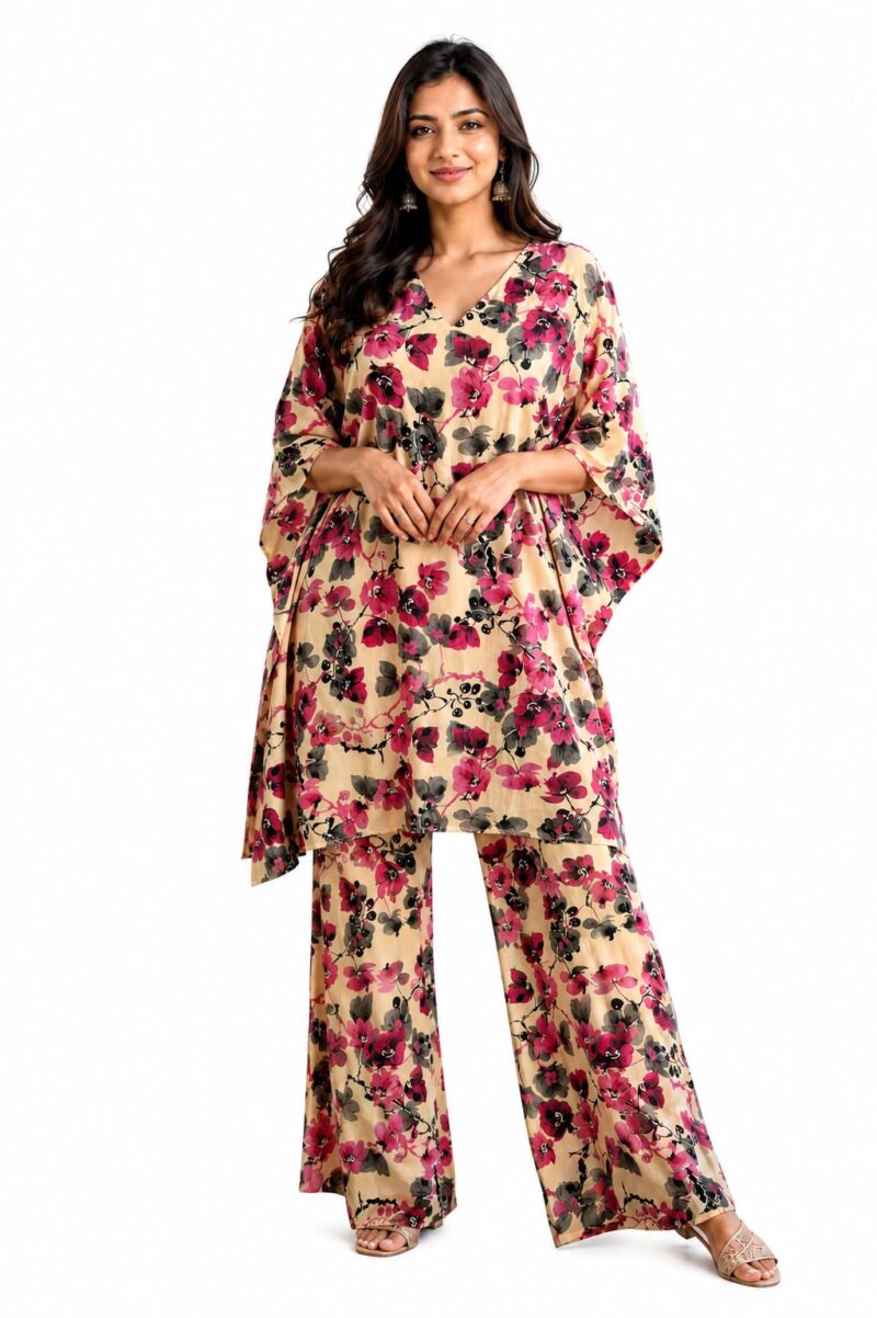 Women's Floral Printed Cotton Kaftan & Palazzo Set | V-Neck Loose Fit Lounge Wear Co-Ord Set | Soft Breathable Casual Nightwear Loungewear for Women | Beige (XXL)