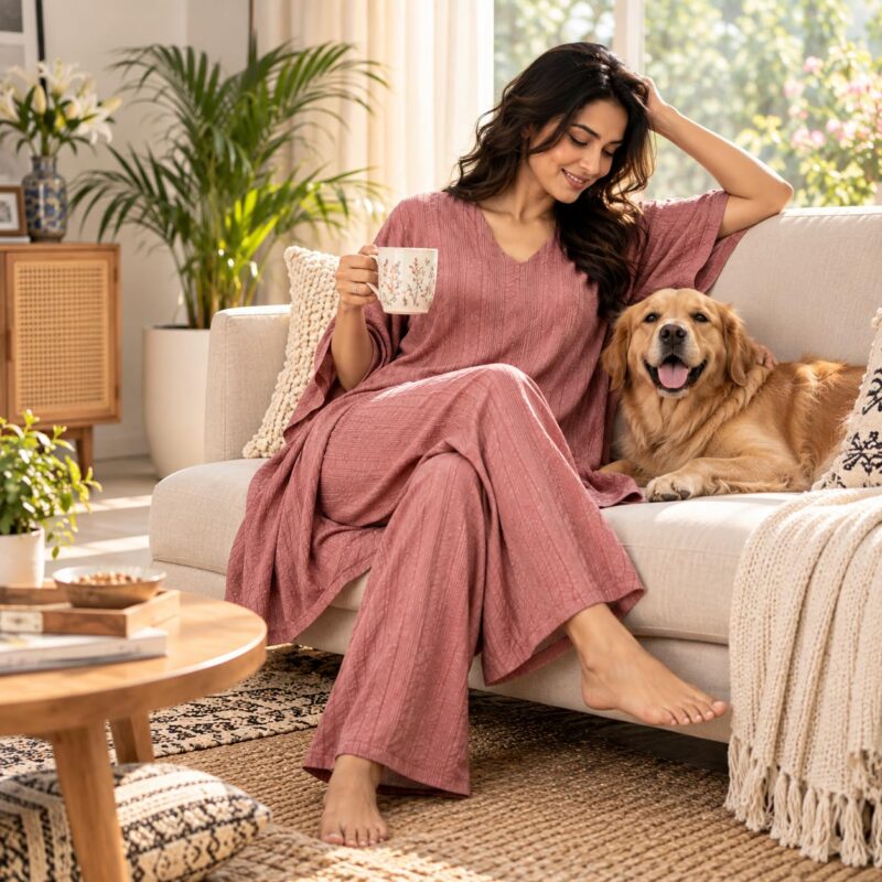 Women's Pure Cotton Kaftan Co-ord Set, Asymmetric Hem - Image 4