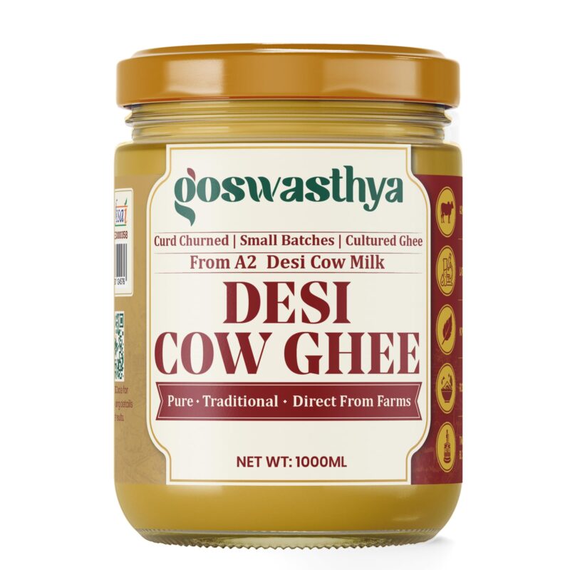 Goswasthya A2 Cow Ghee 1L | Traditionally Bilona-Churned, Danedar Ghee | Aromatic| NABL Lab Tested (70+ tests), Cruelty-Free | Grass-Fed | Glass Jar