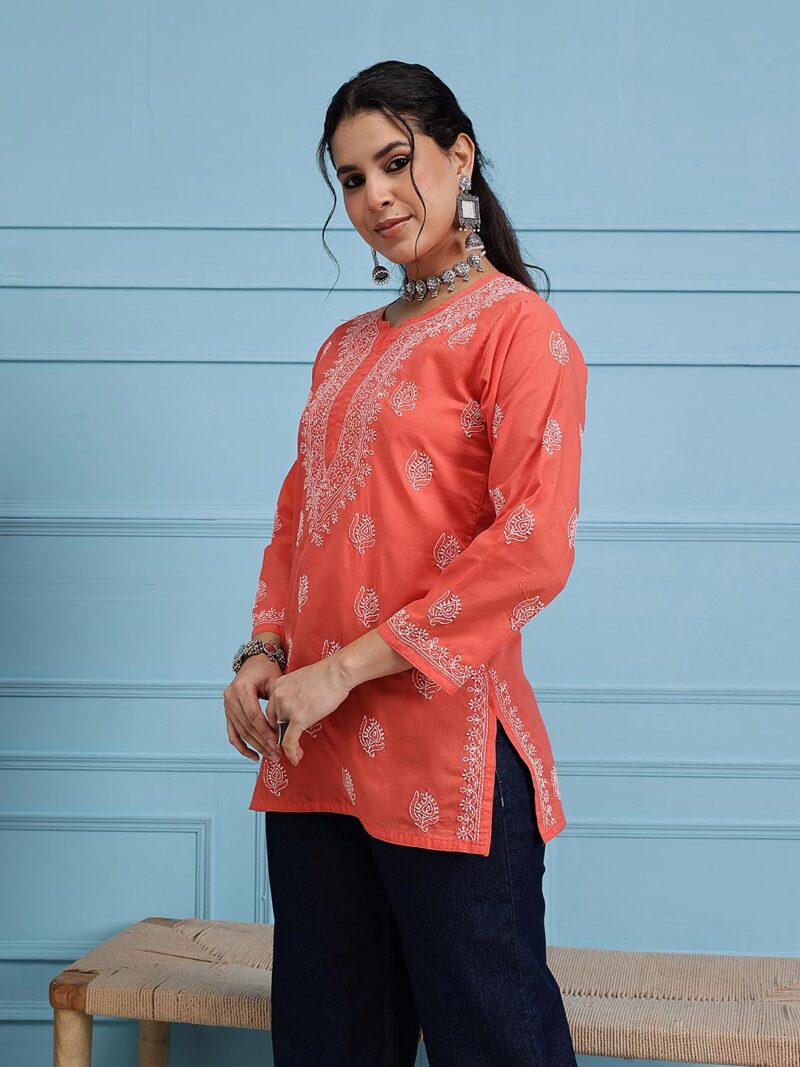 Ada Hand Embroidered Chikankari Red Cotton Top for Women A911387 (S) - Image 4