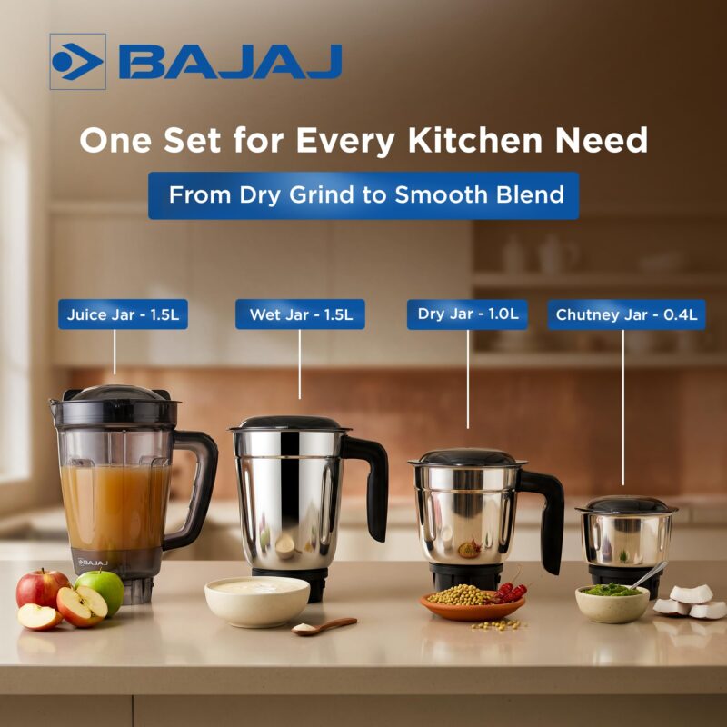 Bajaj Rex Dlx Ninja Series 4 Jar 750W Mixer Grinder | DuraCut Blades | 4 Stainless Steel Mixer Jars | Dry & Wet Grinding | 2 Yrs Warranty 【Black/Brown】 - Image 6