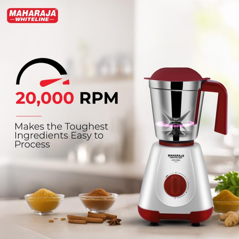 Maharaja Whiteline 500W Mixer Grinder with 3 Stainless Steel Jars with lid and 20,000 RPM Motor Speed (White & Cherry Red) - Image 6