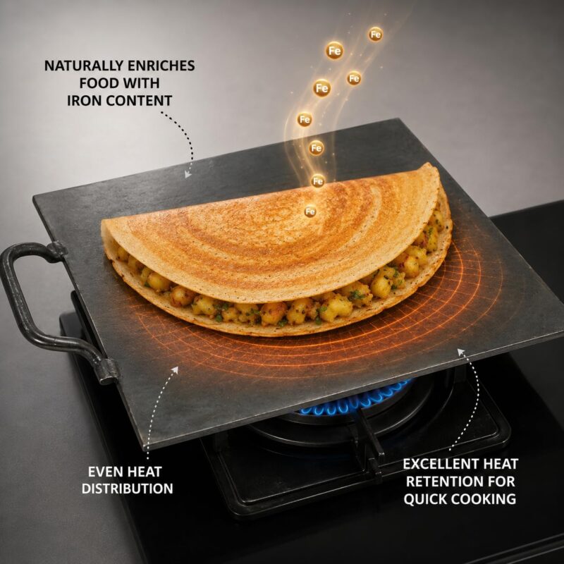 PRINA E-SHOP Iron Dosa Tawa with Free Spatula, Flat Square Kallu with Handle, Heavy Duty Tava for Crispy Dosas, Roti & Uttapam, Gas & Induction Compatible - 12 inch (Black) - Image 4