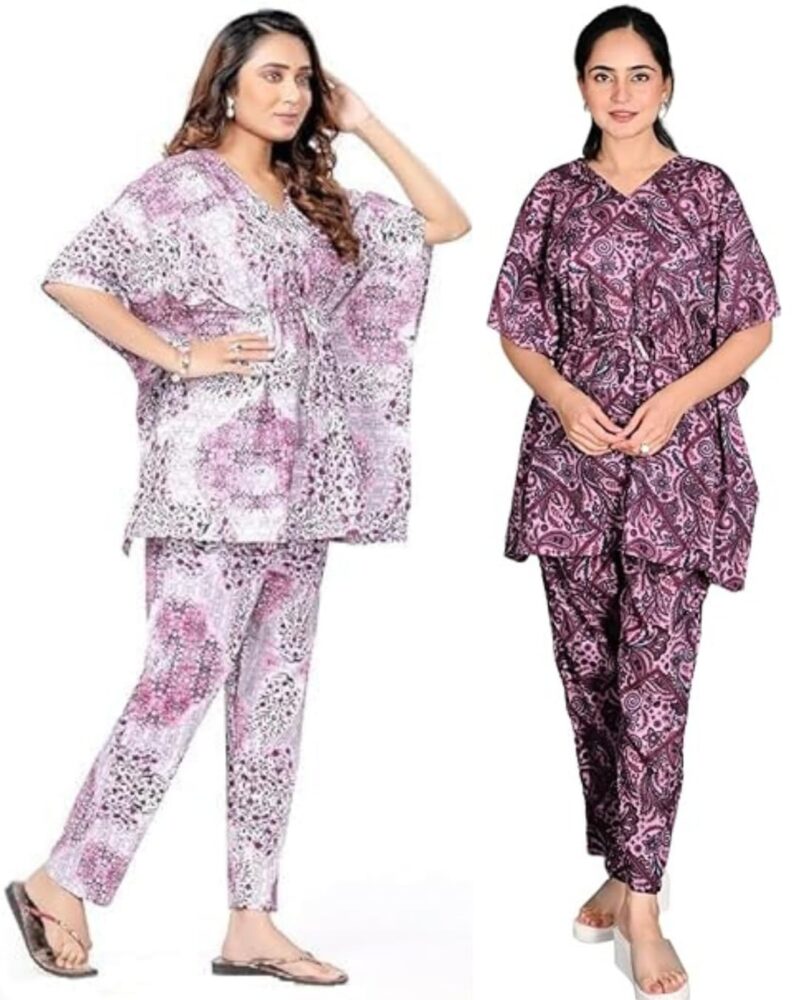 Vlazom Women's 100% Cotton Printed Kaftan & Pyjama Set – Combo Pack of 2 | Free Size Nightwear with Pocket | Soft Cotton Loungewear Co-ord for Women (Rani,Purple, Free Size)