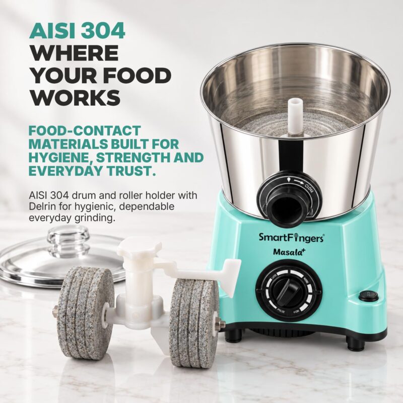 SmartFingers Masala + Table Top Wet Grinder 230V, 3 Liter, Green with Coconut Scrapper & Atta Kneader Attachment | Hands-Free Batter Dispenser | Top Wiper, 220W Motor | 5 Years Warranty | ABS - Image 4
