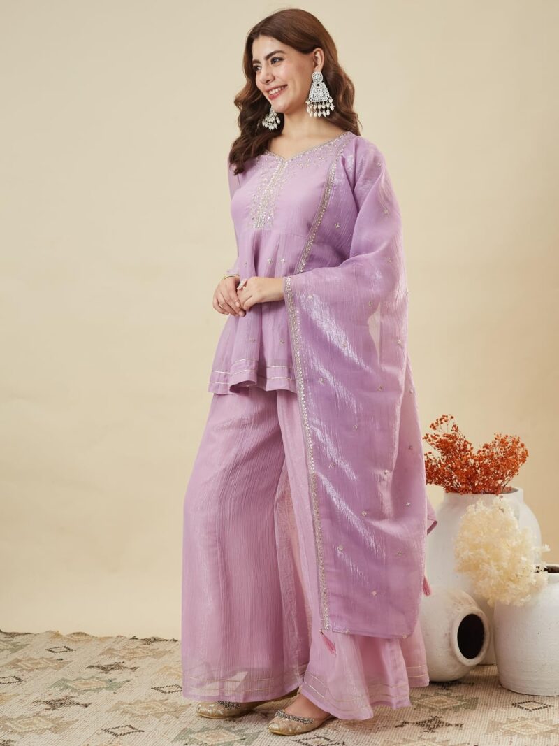 MOKOSH Women’s Lavender Silk Embroidery Peplum Kurta Sharara with Dupatta - Image 3