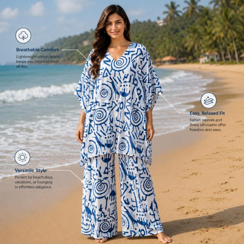 Women's Cotton Printed Kaftan Co-Ord Set | V-Neck Oversized Kaftan Top with Palazzo Pants | Beach Wear, Resort Wear, Lounge Wear | White & Blue (XXL) - Image 6