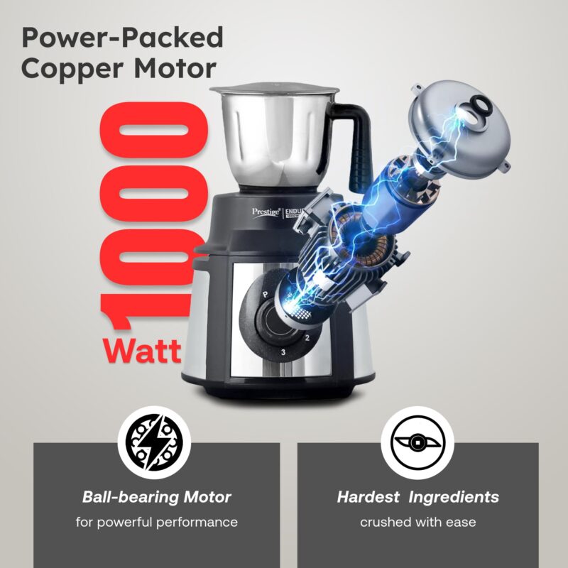 Prestige Endura 1000 Watt Mixer Grinder with 6 Jars | Heavy-Duty Ball Bearing Motor | 3 Stainless Steel Jars + 1 Juicer + 1 Mix-O-Keep + 1 Multi-Utility | SS Baldes | Black | 5Y Motor Warranty - Image 6
