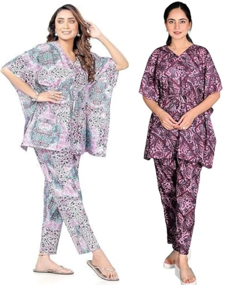 Vlazom Women's 100% Cotton Printed Kaftan & Pyjama Set – Combo Pack of 2 | Free Size Nightwear with Pocket | Soft Cotton Loungewear Co-ord for Women (Green,Purple, Free Size)