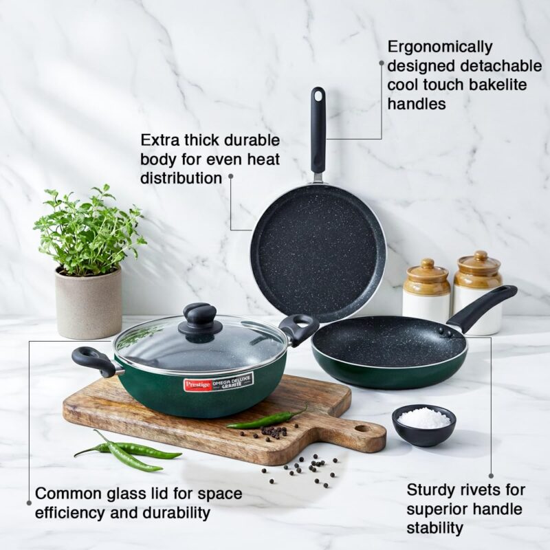 Prestige Omega Granite Non-Stick 3 Pc Cookware Set with Glass Lid | 5-Layer Coating | Gas & Induction Compatible | Omni Tawa 25cm | Fry Pan 24cm | Kadai 24cm | Moss Green | 2Y Warranty |ISI Certified - Image 5