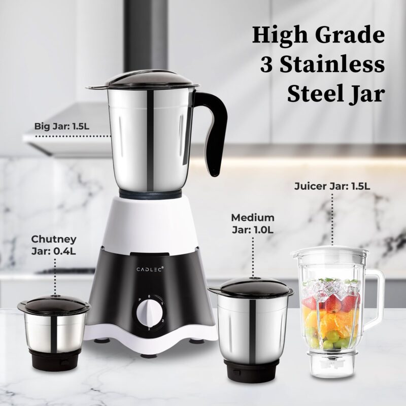 CADLEC JarGenie 750 Watt Mixer Grinder with 4 Jars | High-Power Motor for Grinding, Chutney, Mixing, Juicing & Blending | Durable ABS Body | 2-Year Warranty | Black & White - Image 3