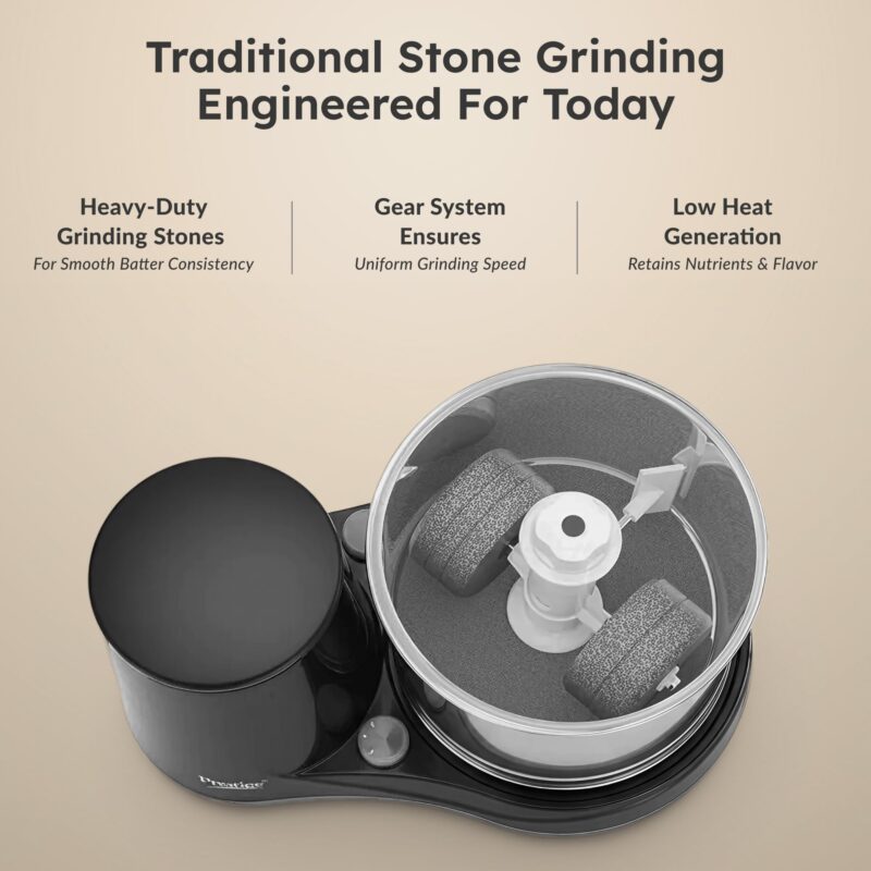 Prestige Ultima Pro 2 Litre Table Top Wet Grinder |200 Watts Heavy Duty Motor|Coconut Scraper Attachment|Atta Kneader Attachment|Stainless Steel Drum|2 Years Warranty|Grey & Black - Image 3