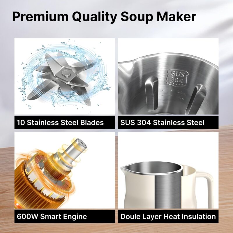 FUMATO Soup Maker | Multifunctional Vegan Milk Machine | Make Vegan Milk From Nuts Almonds Soya Oats | Boil Water Fruit Juice | PP Outer Shell 304 Stainless Steel Inner | 800ml | Auto Shutoff - Image 5