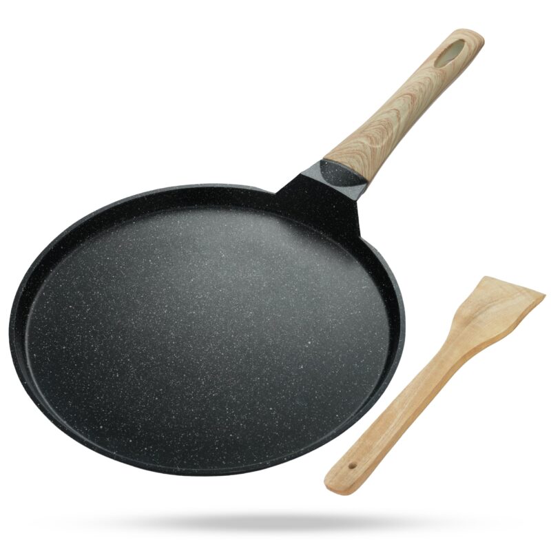 Lifelong Die-cast Flat Roti Tawa with Wooden Finish Handle & Spatula for Dosa, Chapati | 28cm, 1kg | Pre-Seasoned Non-Toxic, Non-Stick & Teflon Free, Durable | Gas & Induction Stove-Friendly (LLDCT28)