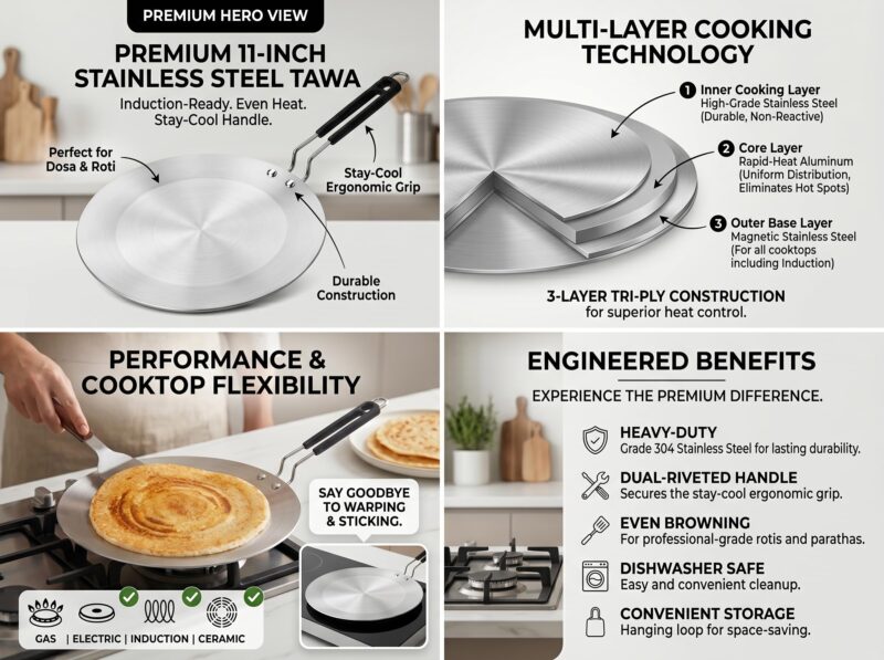 Triply Stainless Steel Tawa 26cm | 4mm Thick, 1Kg | Induction & Gas Compatible | SS 304 Interior | 100% Toxin-Free, No Chemical Coating | Even Heat, No Burning | Roti, Paratha, Chapati - Image 6