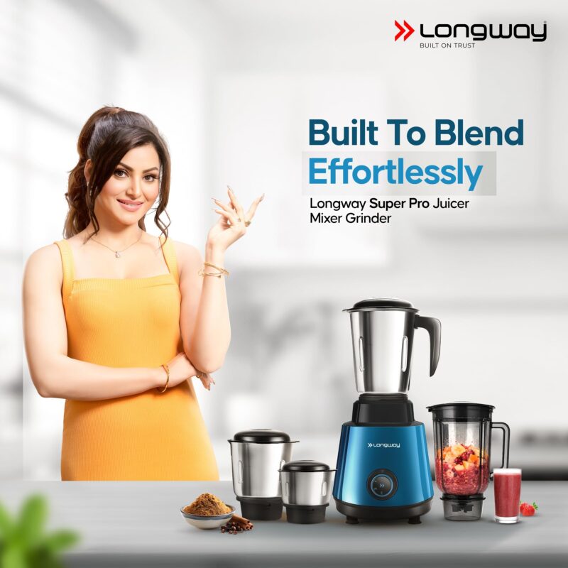 Longway Super Pro Juicer Mixer Grinder | Up to 750W Max Output Powerful Motor | 4 Jars for Grinding, Mixing, Juicing | 2 Years Warranty (Blue & Black) - Image 2