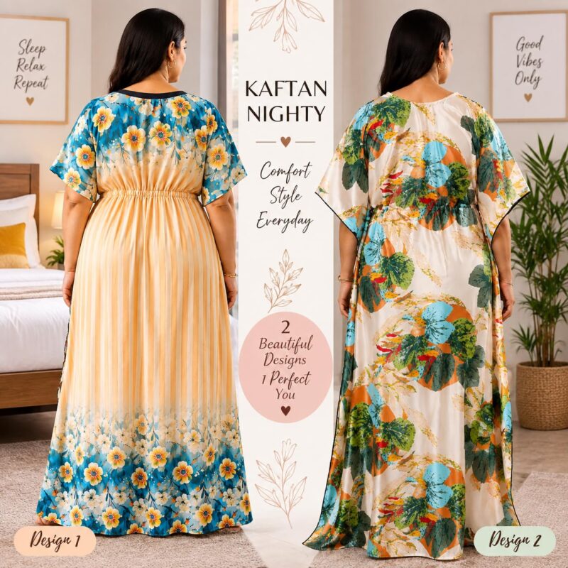 Women’s Floral Printed Kaftan Nighty Combo Set | Soft & Lightweight Night Dress | Loose Fit Long Kaftan Sleepwear for Women | Lounge & Home Wear | Pack of 2 Multicolour - Image 4