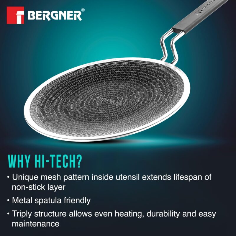 Bergner Hi-Tech Giro Triply Stainless Steel Roti Tawa 26cm, Non-Stick Tava for Chapati/Paratha, Honeycomb Non-Stick Coating, PFOA Free, Healthy Cooking, Stay Cool Handle, Induction and Gas Stove Ready - Image 4