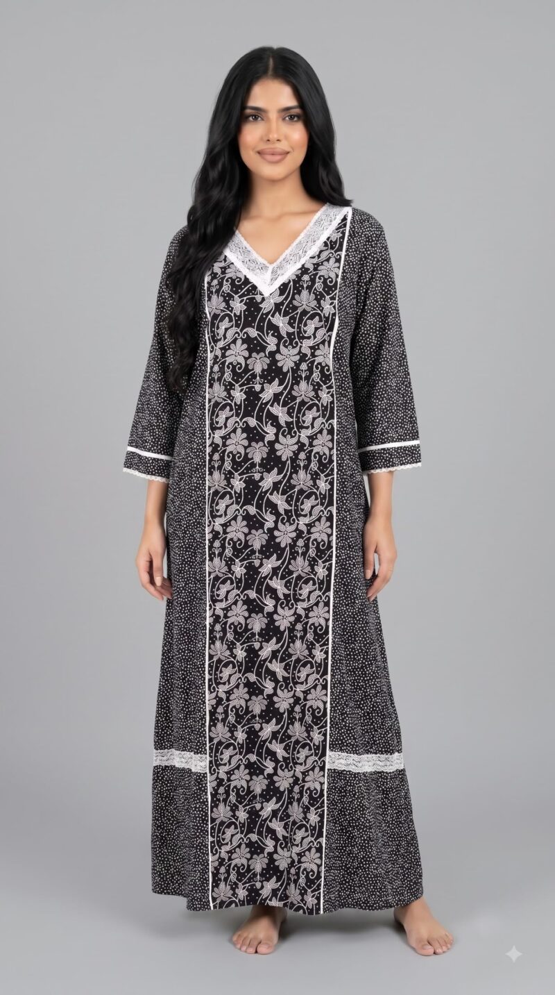 Evolove Farasha Kaftan Jalabiya Style Cotton Maxi Nighty for Women | V-Neck with Lace Trim | 3/4 Sleeves Full Length Nightdress, Black, L - Image 7