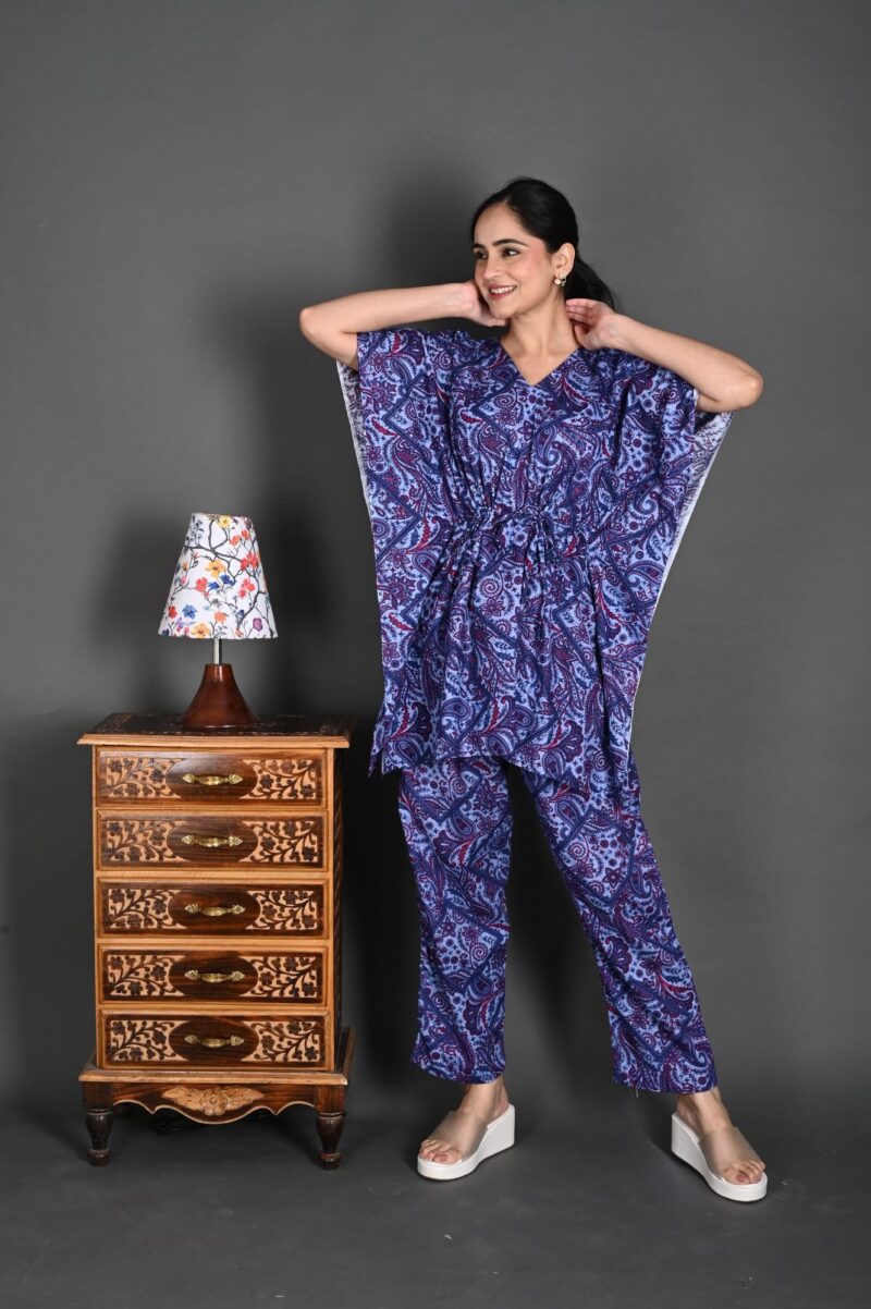 Bresdk Women's Cotton Printed Night Suit Kaftan Style Pyjama Co Ord Set for Women, Night Dress 2-Piece Outfits Pajama Wear - Free Size (Blue, Free Size) - Image 4