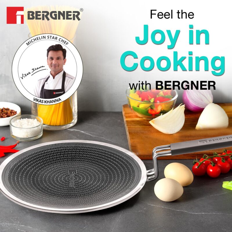 Bergner Hi-Tech Giro Triply Stainless Steel Roti Tawa 26cm, Non-Stick Tava for Chapati/Paratha, Honeycomb Non-Stick Coating, PFOA Free, Healthy Cooking, Stay Cool Handle, Induction and Gas Stove Ready - Image 2