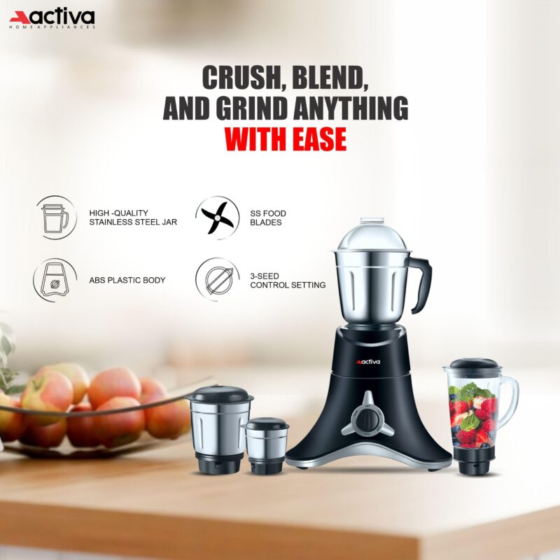 ACTIVA ABS Super Chef 900 Watts Powerful Motor Mixer Grinder 4 Jars For Chutney, Juice and Shakes, Fast Grinding for Wet & Dry Ingridients, Stainless Blade, 2 Years Warranty - Black - Image 4